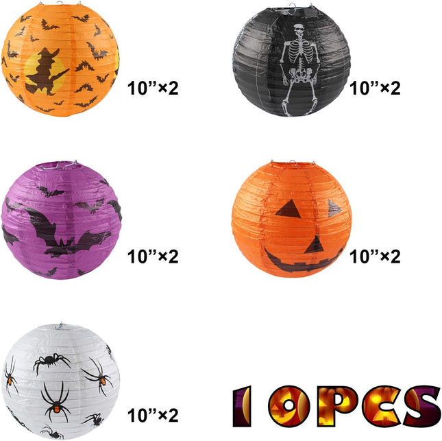 10-Pack 10in Halloween Paper Lanterns, Jack-O-Lantern Spider Skeleton Pumpkin Decor