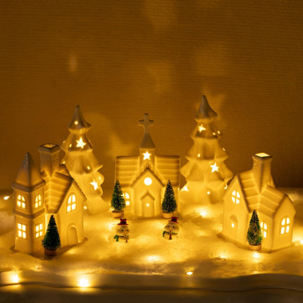 Christmas Decorations Indoor 11 Pcs Ceramic Christmas Village Set 3 Lighted Houses & 2 Lighted Pieces