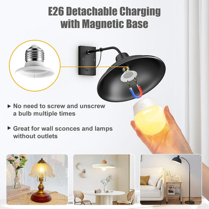 2 Pack E26 Rechargeable LED Light Bulbs with Remote Timer Magnetic Base RGB Colours