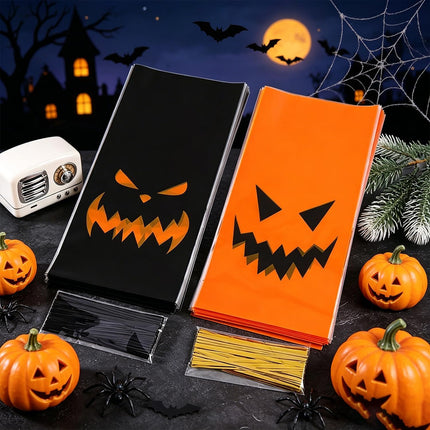 100-Pack Halloween Cellophane Candy Cookie Bags, Black Orange with Twist Ties