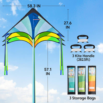 3 Pack Large Delta Rainbow Kites Easy to Fly Beach Toy for Kids & Adults