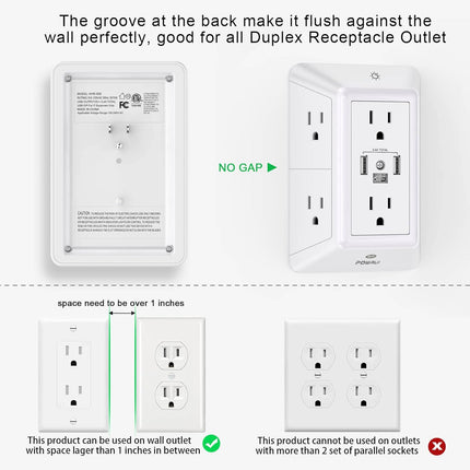 3-Sided 6-Outlet Surge Protector with USB-C, 3 USB Ports & Night Light, White