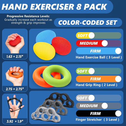 8 Pack Grip Strength Trainer Set Forearm Hand Finger Wrist Strengthener Exercise
