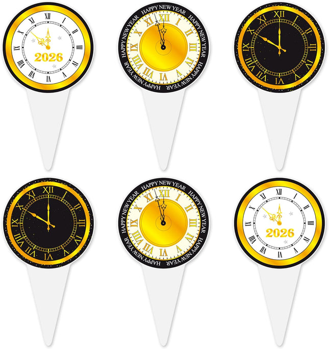 48-Piece 2026 NYE Clock Cupcake Toppers – Happy New Year Party Decor