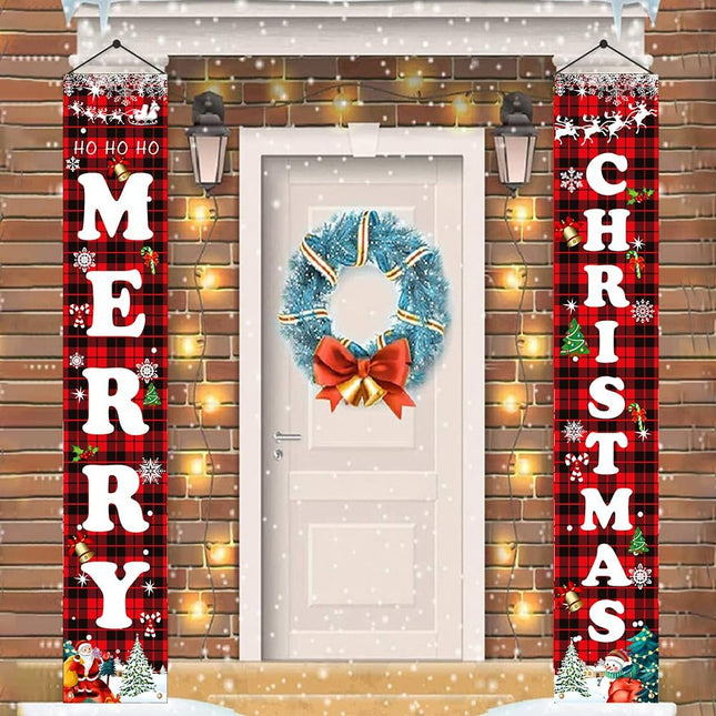Merry Christmas Red Black Buffalo Plaid Sign Set, Indoor Outdoor Front Door Decor