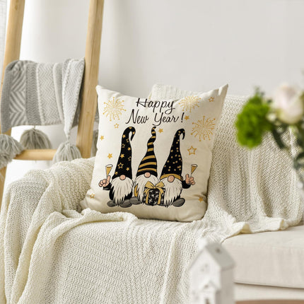 Happy New Year Fireworks Gnome Cushion Cover 18x18" Sofa Couch Decor