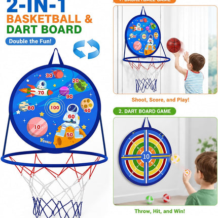 2-in-1 Kids Basketball Hoop & Dart Board, Indoor Outdoor Sports Game Toy
