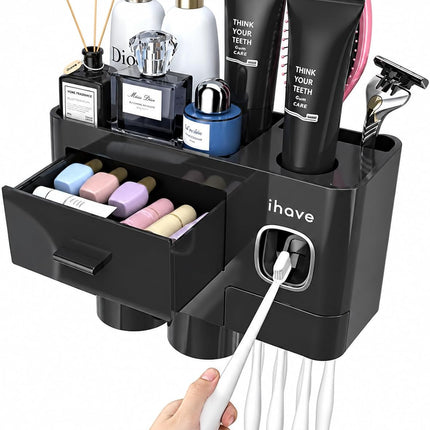 Wall-Mounted Toothbrush Holder with Toothpaste Dispenser, 2 Cups, 6 Slots and Drawer