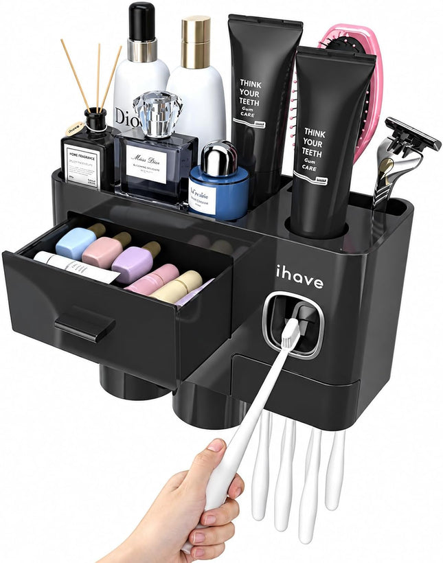 Wall-Mounted Toothbrush Holder with Toothpaste Dispenser, 2 Cups, 6 Slots and Drawer