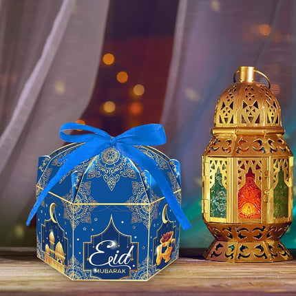 12PCS Eid Mubarak Boxes Blue Candy Treat Boxes with Ribbon for Ramadan