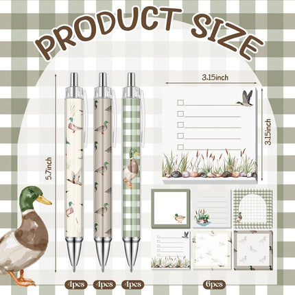 18 Pcs Stationery Set – 12 Aesthetic Pens, 6 Sticky Notes, Mallard Duck Design