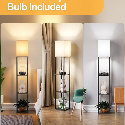 Floor Lamp with 3-Tier Shelves, 3 CCT LED Bulb and White Linen Shade for Living Room