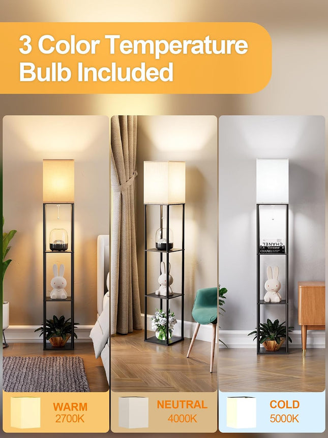 Floor Lamp with 3-Tier Shelves, 3 CCT LED Bulb and White Linen Shade for Living Room