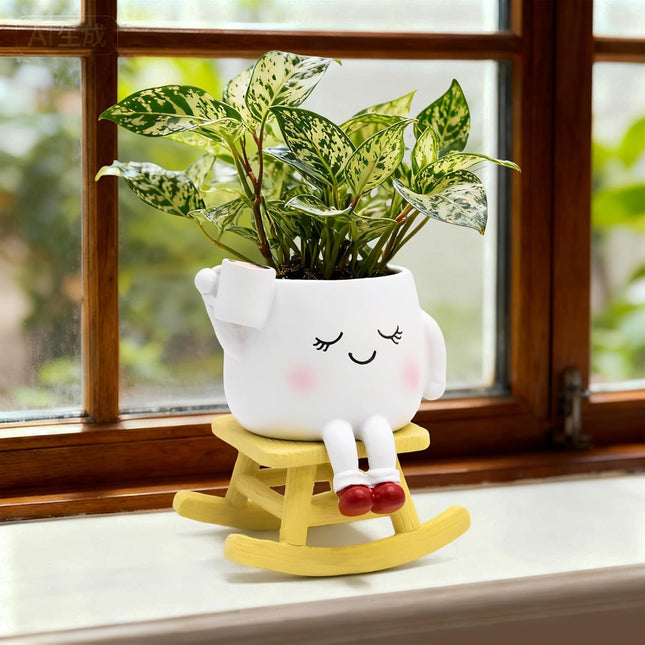 Smiley Face Rocking Chair Planter – Cute Resin Pot with Drainage for Succulents