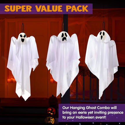 3-Piece 27.5in Halloween Hanging Ghosts, Cute Flying Ghosts for Yard & Party Decor