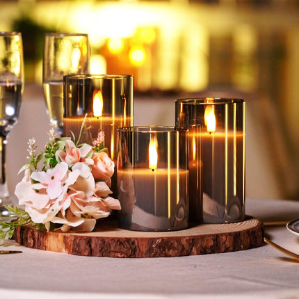 Grey Glass Flameless Candles – LED Pillar with Remote, Timer, Set of 3 (D3xH4, 5, 6)