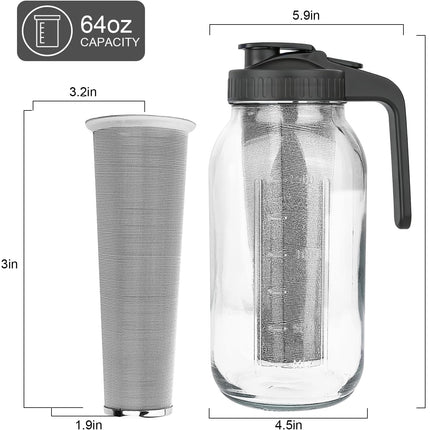 64oz Cold Brew Coffee Maker – Mason Jar Pitcher with Stainless Steel Filter