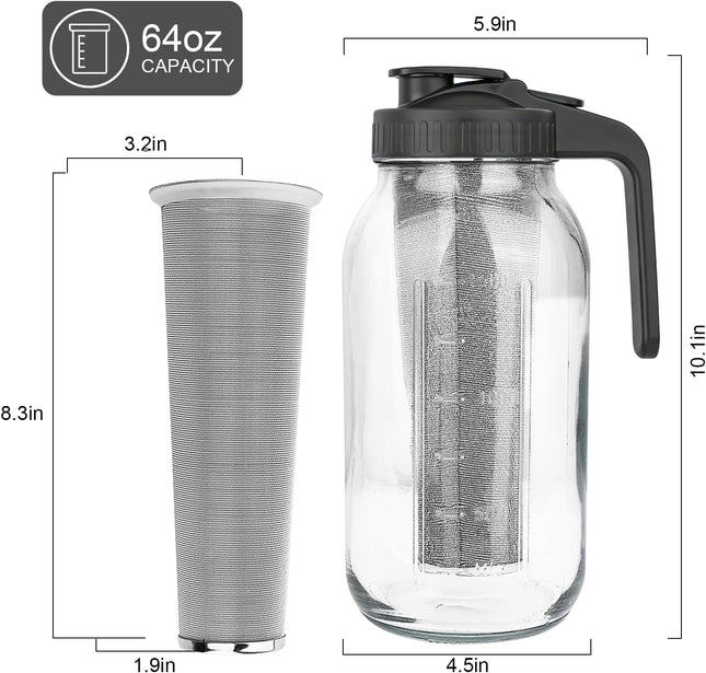 64oz Cold Brew Coffee Maker – Mason Jar Pitcher with Stainless Steel Filter