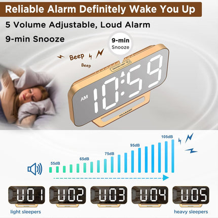 Slim Digital Mirror Alarm Clock – LED Display, Battery Backup, Gold, for Bedroom