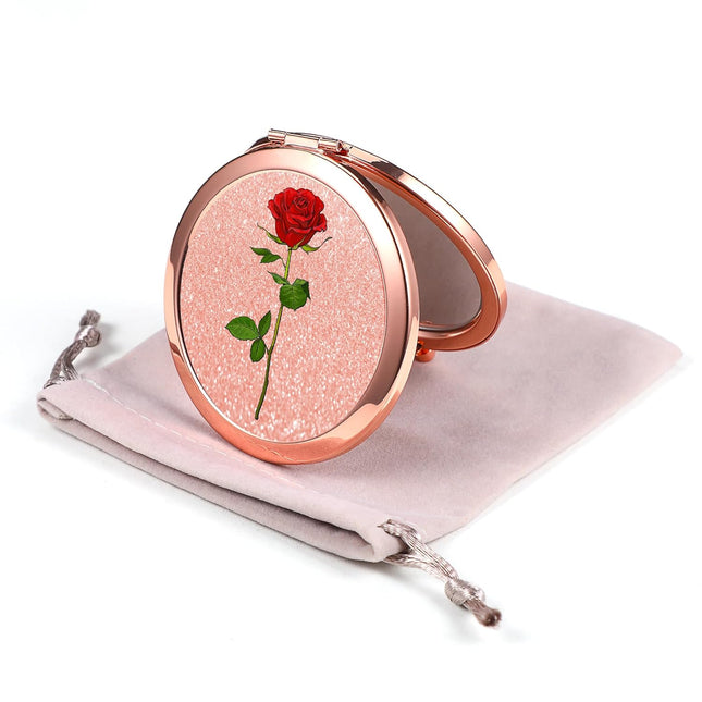 Rose Gold Compact Mirror – Folding, Double-Sided with 2x/1x Magnification (A-Red Rose)