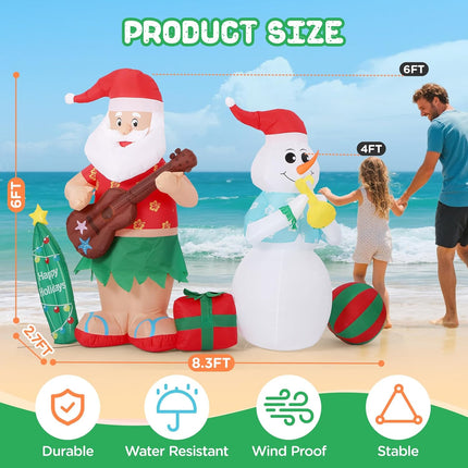 8.3FT Inflatable Christmas Decor – Hawaiian Santa & Snowman w/ LED Lights