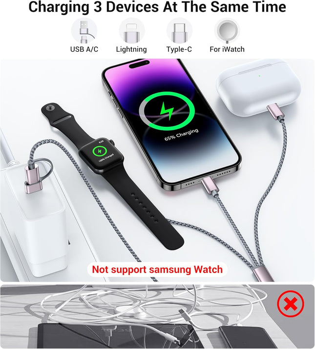3-in-2 USB-C Charging Cable – Apple Watch & iPhone Charger, 4FT Portable