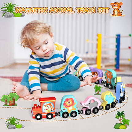11pc Magnetic Wooden Animal Train Set Montessori Toy for Toddlers