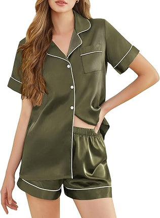 Silk Pajamas Women 2PC Satin Shorts Set Button Down Sleepwear S-XXL