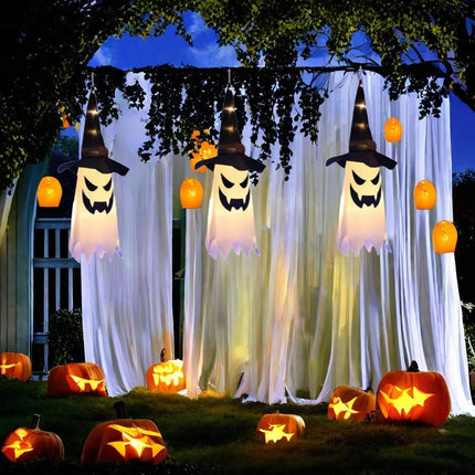 3-Piece 31.5in Halloween Hanging Ghosts, Glowing Witch Hat Decor for Yard & Party