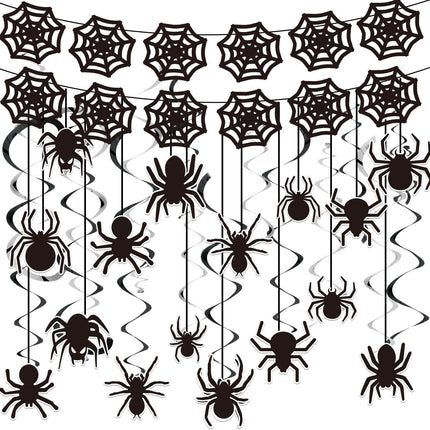 18-Piece Halloween Black Spider Web Decor, Hanging Swirls & Fireplace Party Banner