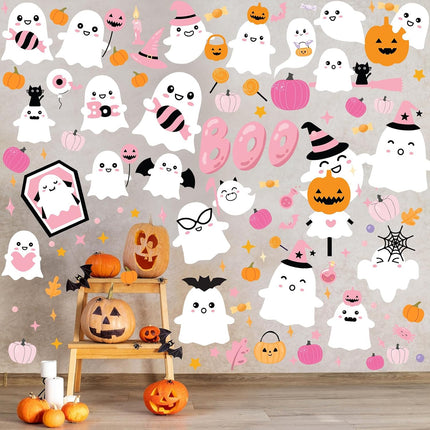116-Piece Pink Halloween Wall Clings, Cute Ghost Pumpkin Boo Reusable Decals, 6 Sheets