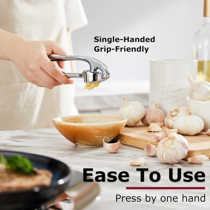 Premium Garlic Press Set – Heavy Duty Mincer with Peeler & Brush, Gloss Silver