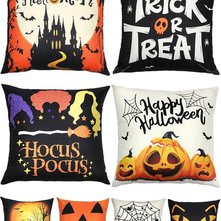 4-Pack Halloween Pillow Covers 18x18in, Double-Sided Cute Patterns, Soft Linen Decor