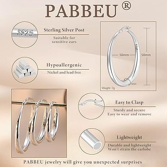 S925 Sterling Silver Hoop Earrings – Large, Hypoallergenic, Women’s Jewelry