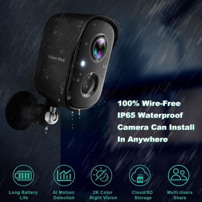 2K Wireless Outdoor Security Camera AI Motion Color Night Vision Black