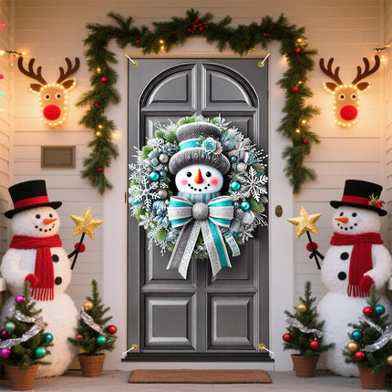 Christmas Door Banner 71x35 Inch: Snowman Wreath Design in Silver & Blue Theme