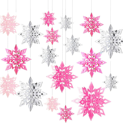 18-Piece 3D Pink & Silver Snowflake Ornaments with Glitter for Christmas Hanging Decorations