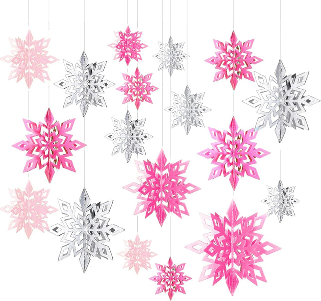 18-Piece 3D Pink & Silver Snowflake Ornaments with Glitter for Christmas Hanging Decorations
