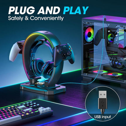 RGB Headphone and Controller Stand Foldable with 9 Light Modes Desk Holder