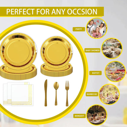 Gold Party Supplies 168pc – Disposable Plates, Cutlery & Napkins for 24
