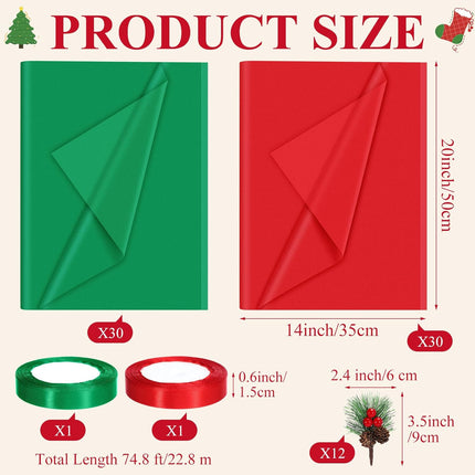 74PCS Holiday Wrapping Paper Set Red Green Tissue Rolls Ribbon Pine Decorations