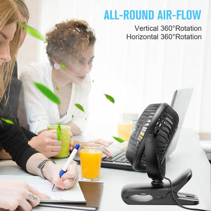 Small Clip-On Fan, USB Powered, 3 Speeds, Strong Airflow for Desk Use