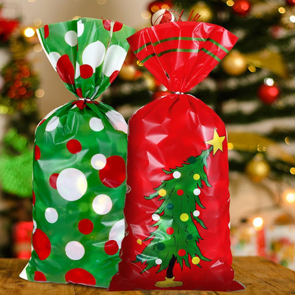 100 PCS Christmas Cellophane Treat Bags with 150 Twist Ties – Red & Green
