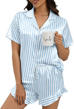 Silk Pajamas Women 2 Piece Satin Shorts Set Button Down Sleepwear