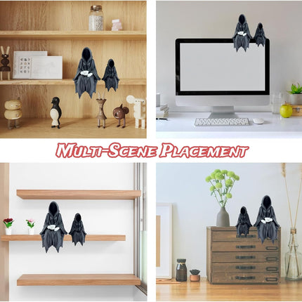 2-Piece Sitting Ghost Figurines with Teacup, Spooky Book Lover Halloween Decor