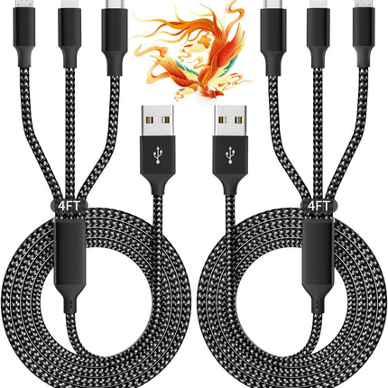 2-Pack 4FT 3-in-1 Charging Cable – USB Type-C, Micro USB & Lightning