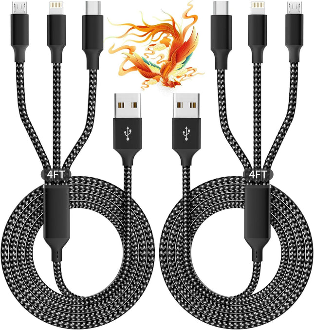 2-Pack 4FT 3-in-1 Charging Cable – USB Type-C, Micro USB & Lightning