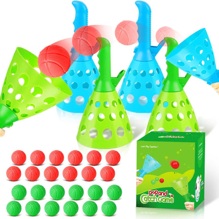 Pop-Pass-Catch Ball Game – 4 Launchers, 24 Balls, Indoor/Outdoor Kids Fun