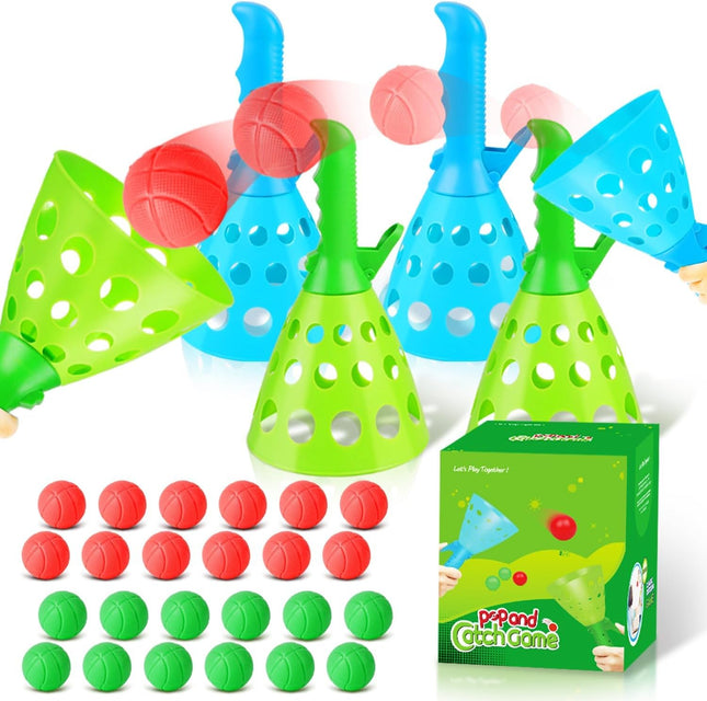 Pop-Pass-Catch Ball Game – 4 Launchers, 24 Balls, Indoor/Outdoor Kids Fun