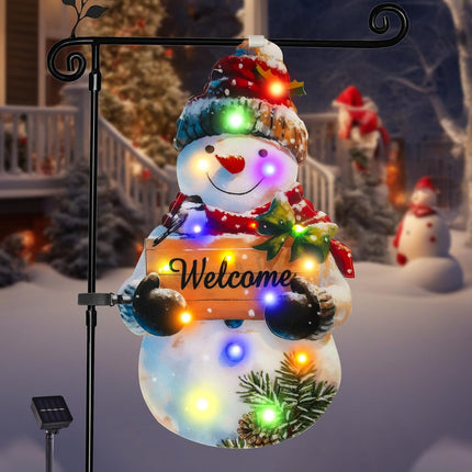 Solar LED Christmas Garden Flag 22x13, Snowman Design, Double-Sided with 8 Modes